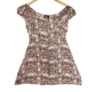 Angie Snake Snakeskin Print Button Front Off Shoulder Mini Dress Womens L Brown